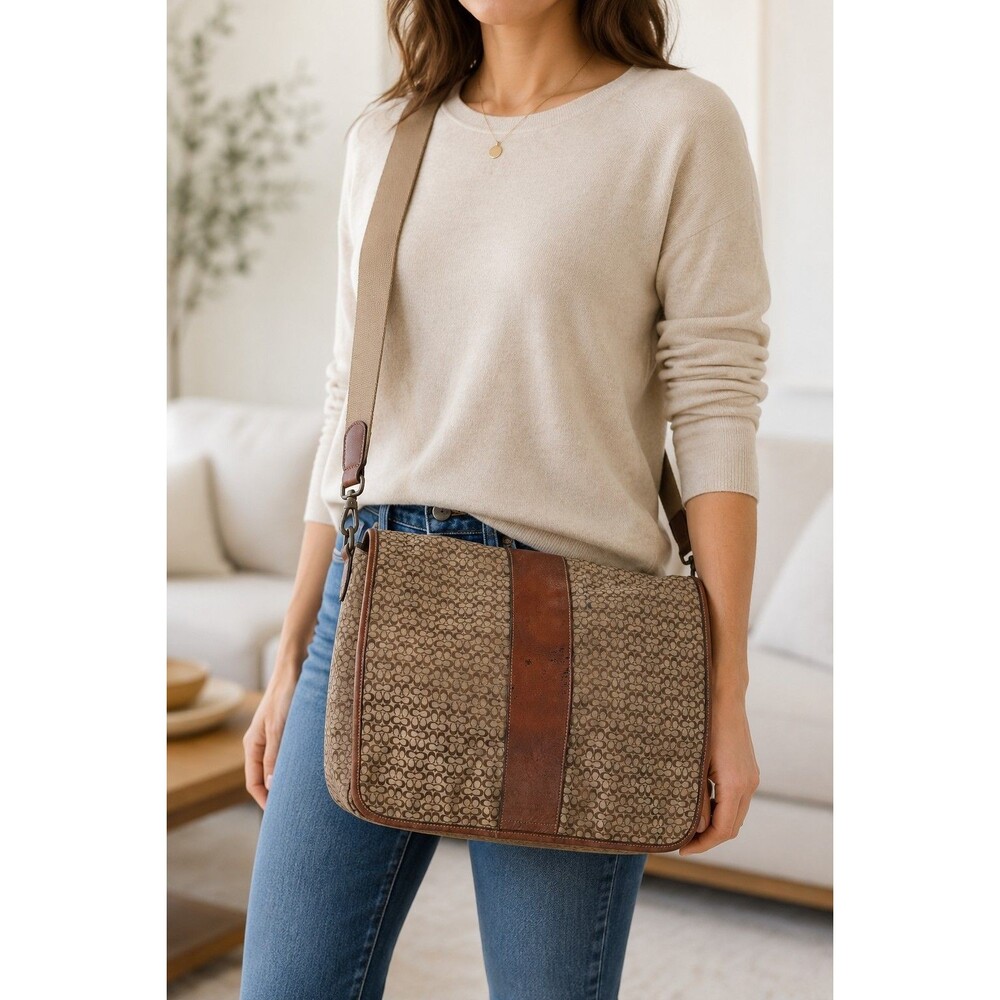 Coach Signature C Jacquard Messenger Diaper Bag Brown Leather Trim Large 👜